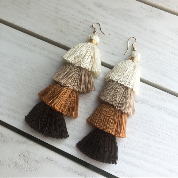Tan Jumbo Earrings Gradient Silk Tassel Bohemian - Picture 2 of 4